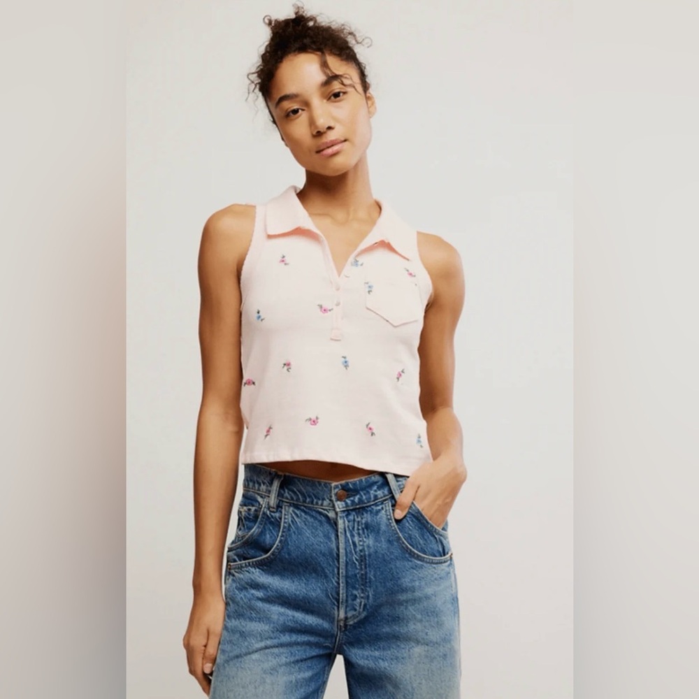 Free People Pink Floral Sleeveless Polo Crop Top